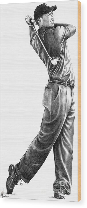 Tiger Woods Wood Print featuring the drawing Tiger Woods Full Swing by Murphy Elliott