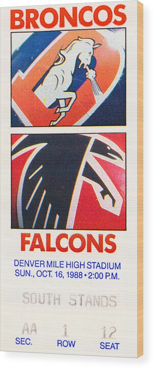Denver Broncos Ticket Wood Print featuring the mixed media 1988 Denver vs. Atlanta by Row One Brand