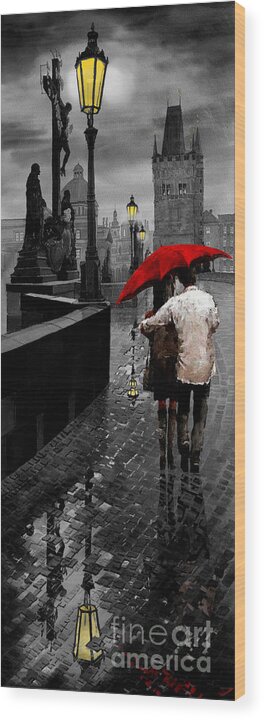 Mix Media Wood Print featuring the mixed media Red Umbrella 2 by Yuriy Shevchuk