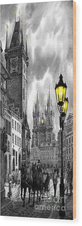 Geelee.watercolour Paper Wood Print featuring the painting BW Prague Old Town Squere by Yuriy Shevchuk