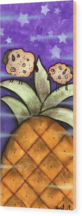 Sheep Wood Print featuring the painting Up in the Pineapple by Abril Andrade