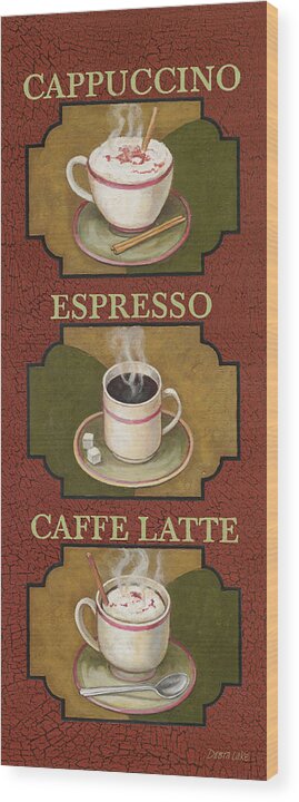 Triptych Cappuccino Espresso Caffe Latte
    Coffee Wood Print featuring the painting Coffee by Debra Lake