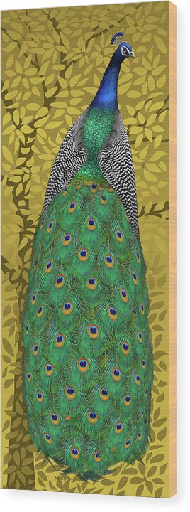 Peacock In Tree Wood Print featuring the painting Peacock in Tree, Golden Ochre, Tall by David Arrigoni