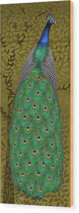 Peacock In Tree Wood Print featuring the painting Peacock in Tree, Raw Umber, Tall by David Arrigoni