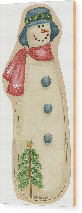 Snowman Wood Print featuring the painting Tree Snowman by Debbie Mcmaster
