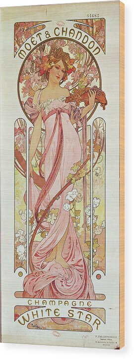 Alfons Maria Mucha Wood Print featuring the painting Poster for White Star Champagne by Moet et Chandon. Poster,1889. by Alphonse Mucha -1860-1939-