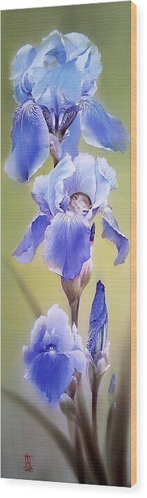 Russian Artists New Wave Wood Print featuring the painting Blue Irises with Sleeping Baby Mouse by Alina Oseeva