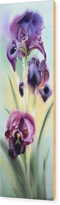 Russian Artists New Wave Wood Print featuring the painting Purple Iris Flowers by Alina Oseeva