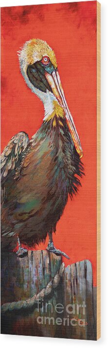Pelican Wood Print featuring the painting King Rex, a Louisiana Pelican by Dianne Parks