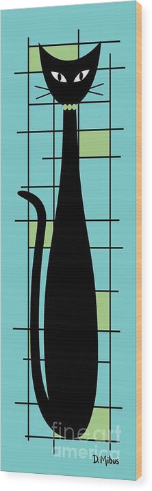 Mid Century Modern Cat Wood Print featuring the digital art Tall Mondrian Cat on Blue by Donna Mibus