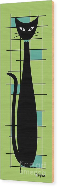 Mid Century Modern Cat Wood Print featuring the digital art Tall Mondrian Cat on Green by Donna Mibus