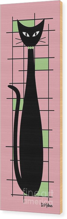 Mid Century Modern Cat Wood Print featuring the digital art Tall Mondrian Cat on Pink by Donna Mibus