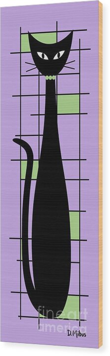 Mid Century Modern Cat Wood Print featuring the digital art Tall Mondrian Cat on Purple by Donna Mibus