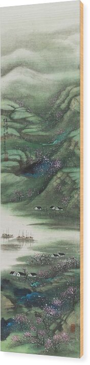 Chinese Watercolor Wood Print featuring the painting The Four Seasons Version 2 - Spring by Jenny Sanders