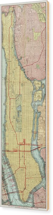Rapid Transit Map Wood Print featuring the drawing Rapid transit map of Manhattan and adjacent districts of New York City 1908 by Rand McNally and Company