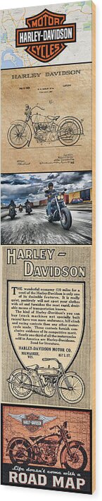 This Is A Photographic Art Montage Of Five Individual Photographic Art Based On Pictures Of Harley-davidsons And Historic Documents. Wood Print featuring the digital art Harley-Davidson Montage by Photographic Art by Russel Ray Photos