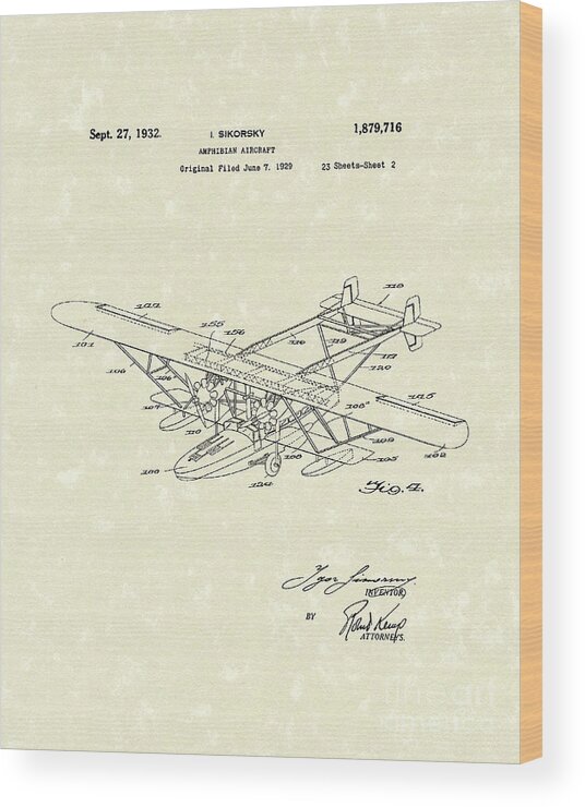 Sikorsky Wood Print featuring the drawing Amphibian Aircraft 1932 Patent Art #1 by Prior Art Design