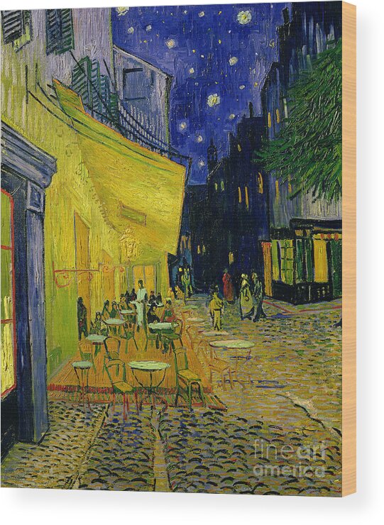 Cafe Terrace Arles 1888 (oil On Canvas) By Vincent Van Gogh (1853-90) Van Gogh Van Gogh Vincent Cafe Arles Arles Tables Chairs People Shops Shopfronts Street Van Gogh Vincent Van Gogh Terrasse Cafe; Square; French; Provence; Outdoors; Awning; Evening; Nocturne; Starry; Stars; Night; Cobblestones; Tables And Chairs; Bar; Post-impressionist Night Buildings Square French Provence Outdoors Awning Evening Nocturne Starry Stars Night Cobblestones Post-impressionist Wood Print featuring the painting Cafe Terrace Arles by Vincent van Gogh