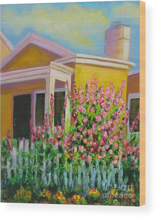 Hollyhock Wood Print featuring the painting Hot Hollyhocks by Laurie Morgan