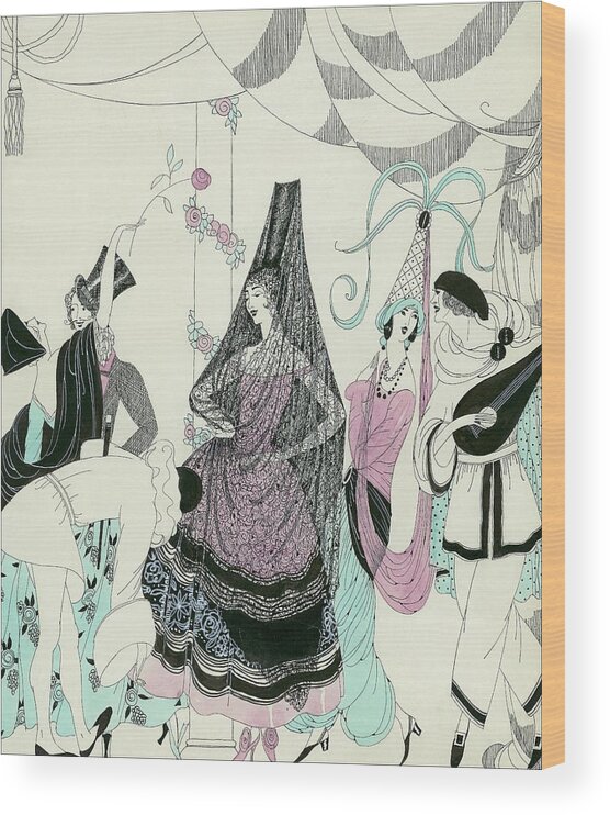 Costume Wood Print featuring the digital art Illustration Of People At A Costume Party #1 by Helen Dryden