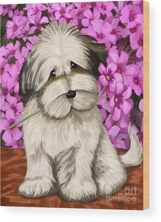 Puppy Wood Print featuring the painting Puppy in the Flowers #1 by Tim Gilliland