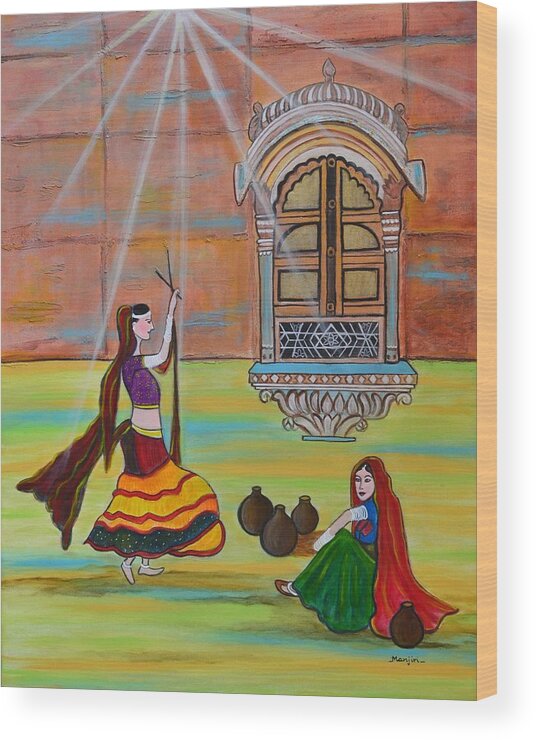 Ladies Wood Print featuring the painting Rajasthani ladies-Dandiya by Manjiri Kanvinde