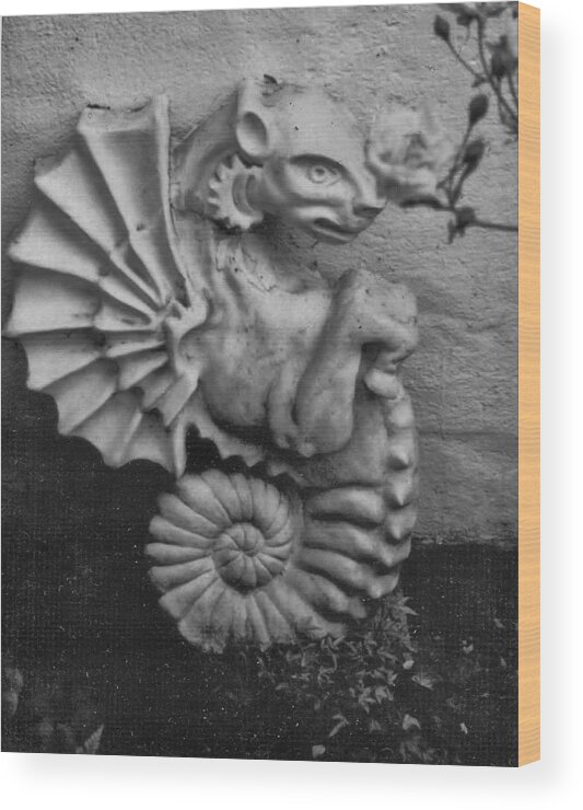 Ceramic Sculpture Wood Print featuring the ceramic art Seahorse of the Garden #1 by Charles Lucas