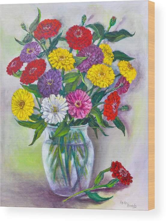Zinnias Wood Print featuring the painting Old Fashioned Zinnias by Rand Burns