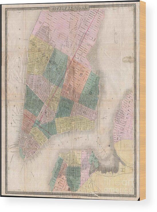 This Is The C. 1834-1836 Edition Of David H. Burr And Edward Walker’s Important Pocket Map Of The City Of New York. Covers New York City South Of 26th Street On The West Side And South Of 40th Street On The East Side. Shows The City In Considerable Detail With Attention To Churches Wood Print featuring the photograph 1835 David Burr Map of New York City by Paul Fearn