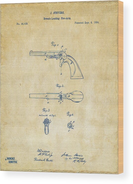 Breech Loader Wood Print featuring the digital art 1864 Breech Loading Pistol Patent Artwork - Vintage by Nikki Marie Smith