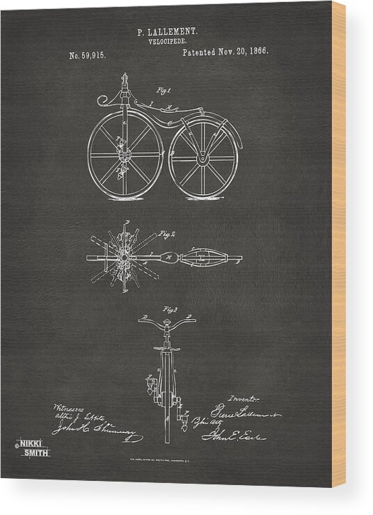 Bicycle Wood Print featuring the digital art 1866 Velocipede Bicycle Patent Artwork - Gray by Nikki Marie Smith