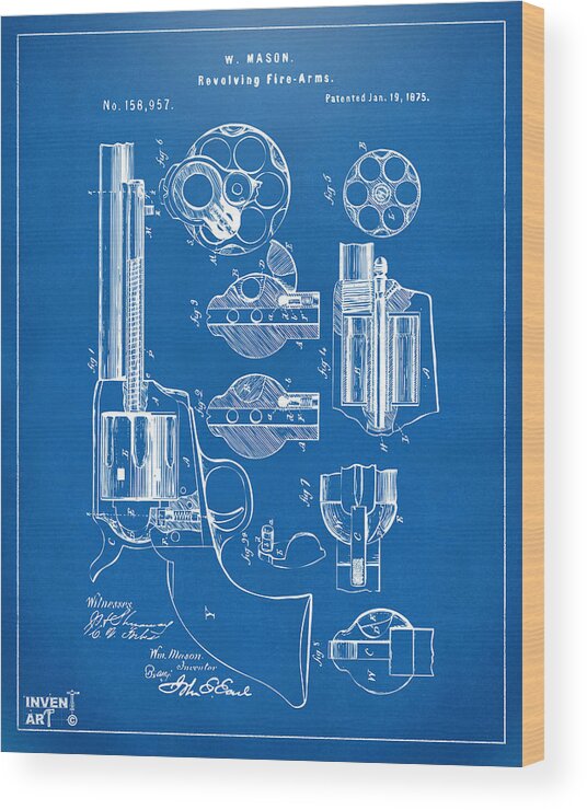 Colt Wood Print featuring the digital art 1875 Colt Peacemaker Revolver Patent Blueprint by Nikki Marie Smith