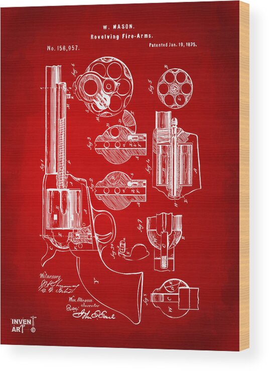 Colt 45 Wood Print featuring the digital art 1875 Colt Peacemaker Revolver Patent Red by Nikki Marie Smith