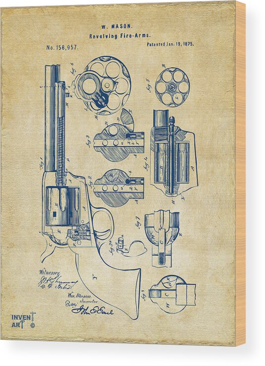 Colt Wood Print featuring the digital art 1875 Colt Peacemaker Revolver Patent Vintage by Nikki Marie Smith