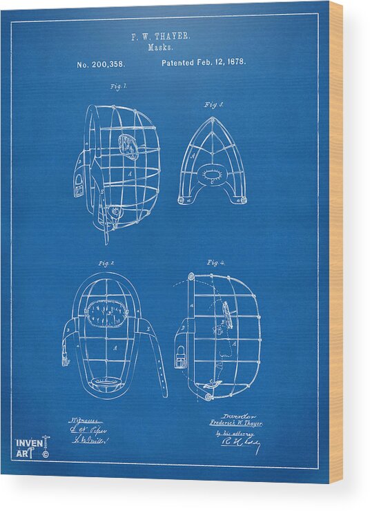 Baseball Wood Print featuring the digital art 1878 Baseball Catchers Mask Patent - Blueprint by Nikki Marie Smith