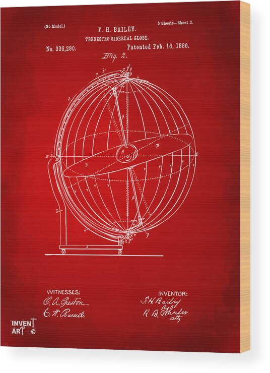 Globe Wood Print featuring the digital art 1886 Terrestro Sidereal Globe Patent 2 Artwork - Red by Nikki Marie Smith