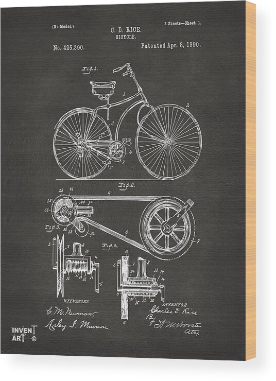 Velocipede Wood Print featuring the digital art 1890 Bicycle Patent Artwork - Gray by Nikki Marie Smith