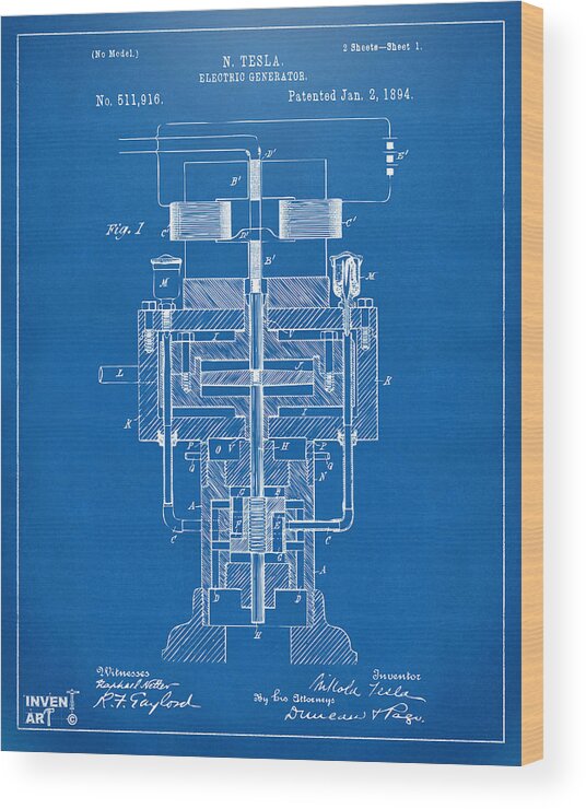 Tesla Wood Print featuring the digital art 1894 Tesla Electric Generator Patent Blueprint by Nikki Marie Smith