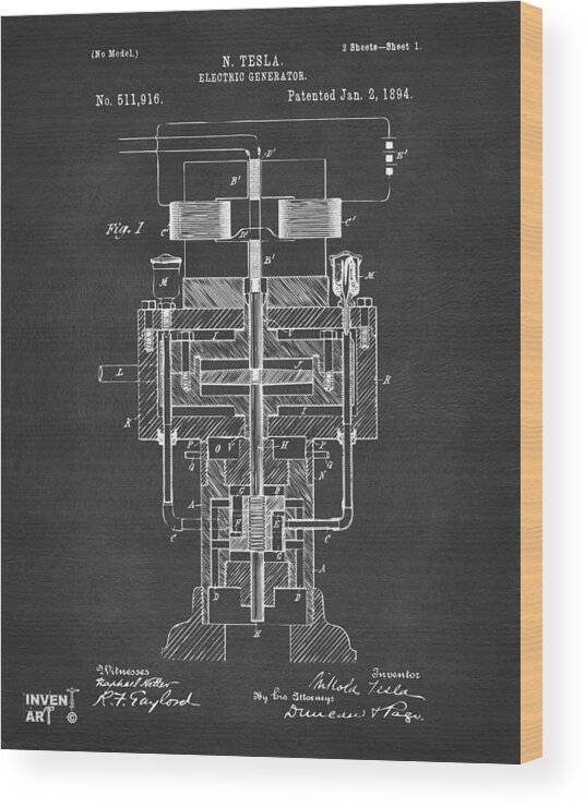 Tesla Wood Print featuring the digital art 1894 Tesla Electric Generator Patent Gray by Nikki Marie Smith