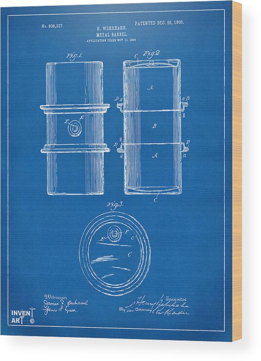 Oil Drum Wood Print featuring the digital art 1905 Oil Drum Patent Artwork - Blueprint by Nikki Marie Smith