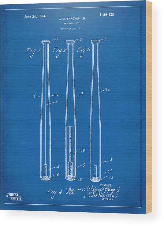 Baseball Bat Wood Print featuring the digital art 1924 Baseball Bat Patent Artwork - Blueprint by Nikki Marie Smith