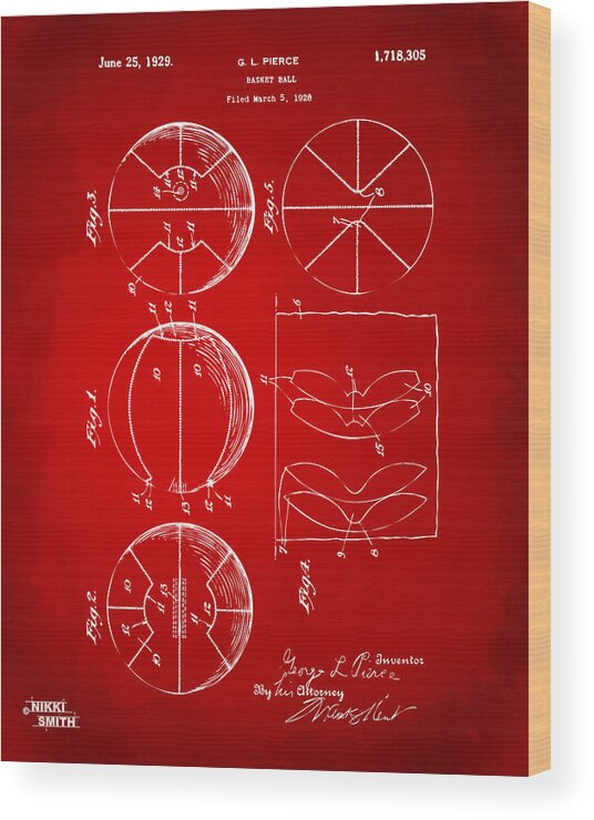 Basketball Wood Print featuring the digital art 1929 Basketball Patent Artwork - Red by Nikki Marie Smith
