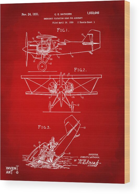 Aircraft Wood Print featuring the digital art 1931 Aircraft Emergency Floatation Patent Red by Nikki Marie Smith