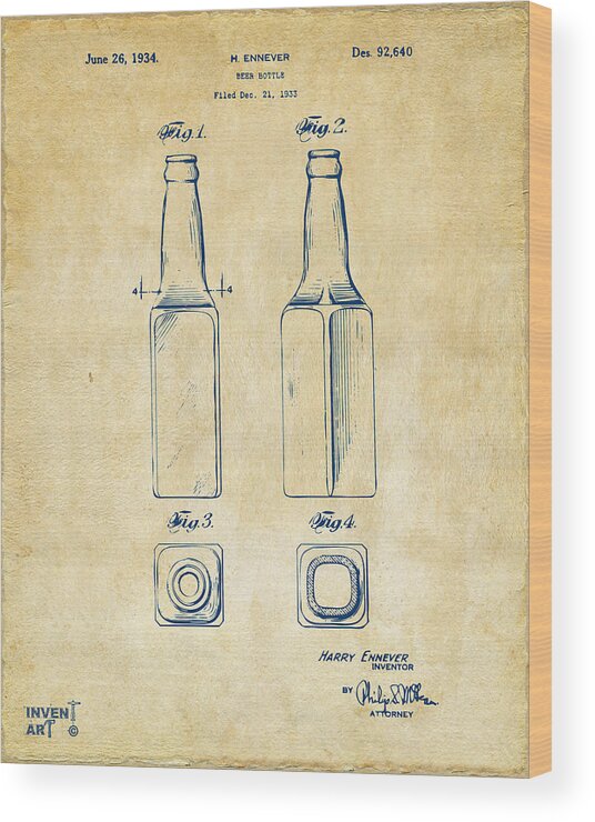Beer Bottle Wood Print featuring the digital art 1934 Beer Bottle Patent Artwork - Vintage by Nikki Marie Smith