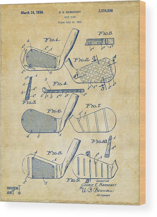 Golf Wood Print featuring the digital art 1936 Golf Club Patent Artwork Vintage by Nikki Marie Smith