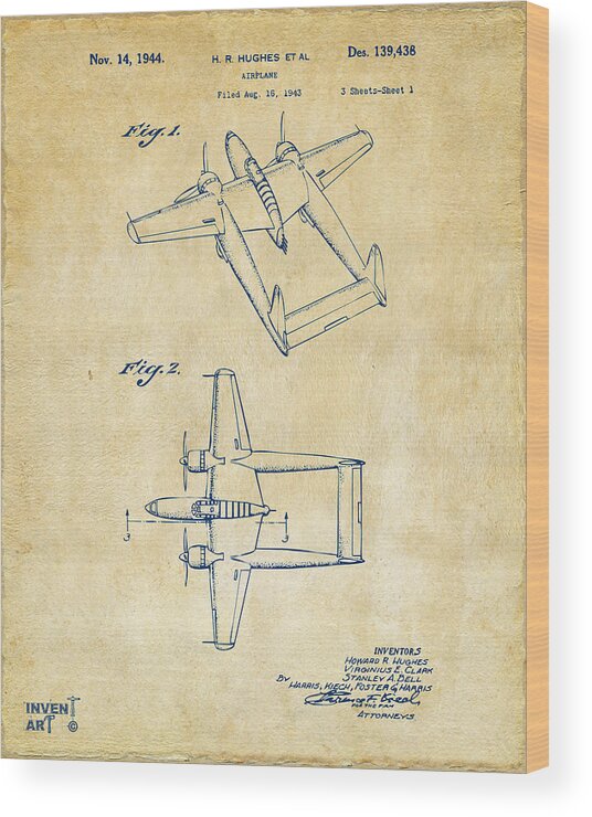 Howard Hughes Wood Print featuring the digital art 1944 Howard Hughes Airplane Patent Artwork Vintage by Nikki Marie Smith