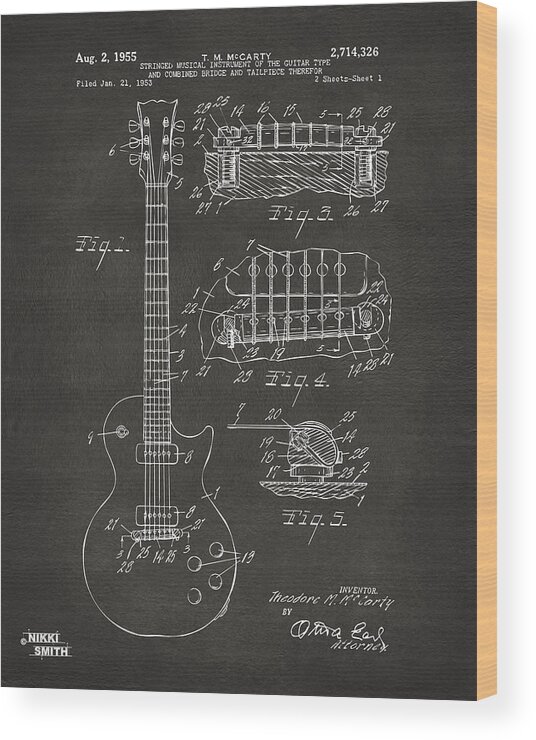 Guitar Wood Print featuring the digital art 1955 McCarty Gibson Les Paul Guitar Patent Artwork - Gray by Nikki Marie Smith