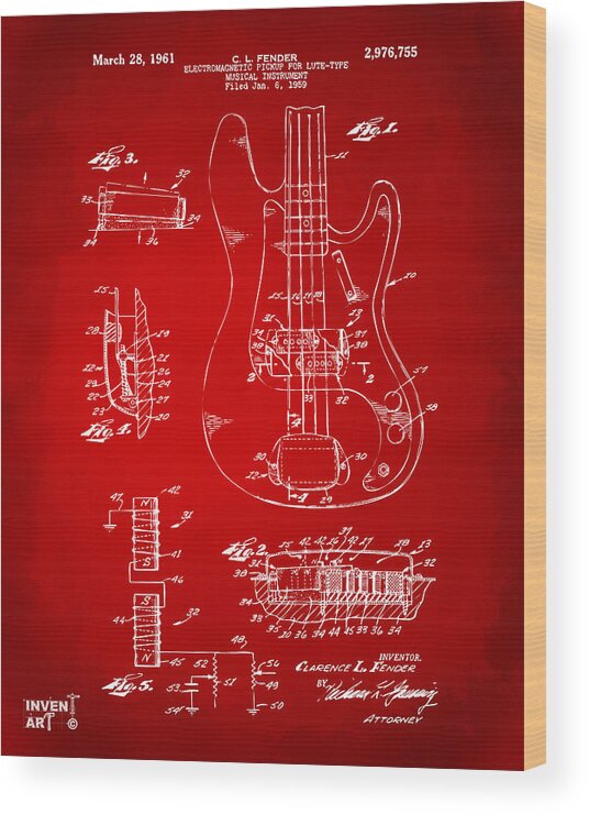 Guitar Wood Print featuring the digital art 1961 Fender Guitar Patent Artwork - Red by Nikki Marie Smith