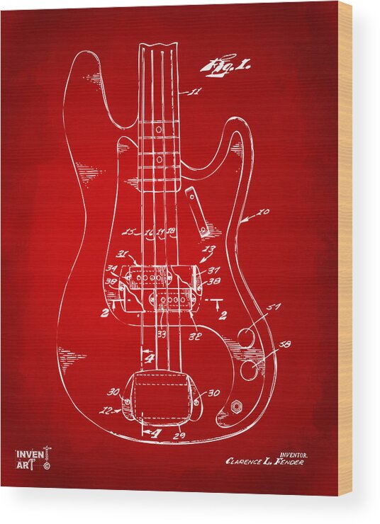 Guitar Wood Print featuring the digital art 1961 Fender Guitar Patent Minimal - Red by Nikki Marie Smith