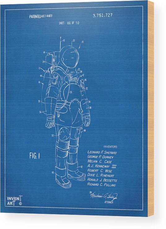 Space Suit Wood Print featuring the digital art 1973 Space Suit Patent Inventors Artwork - Blueprint by Nikki Marie Smith